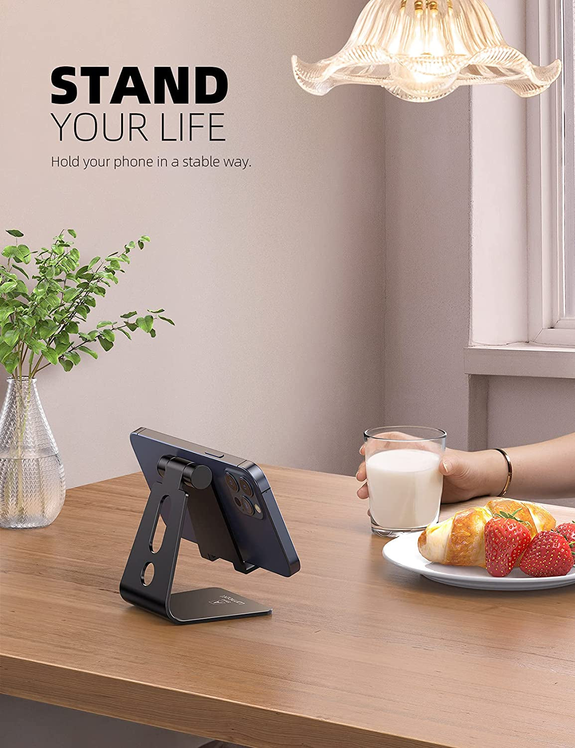 Adjustable Cell Phone Stand, Desk Phone Holder, Cradle, Dock, Compatible with Iphone 17 16 15 14 Air plus Pro Pro Max 13 12 X XS, 4-8" Phones, Office Accessories Gifts, All Smartphone, Black